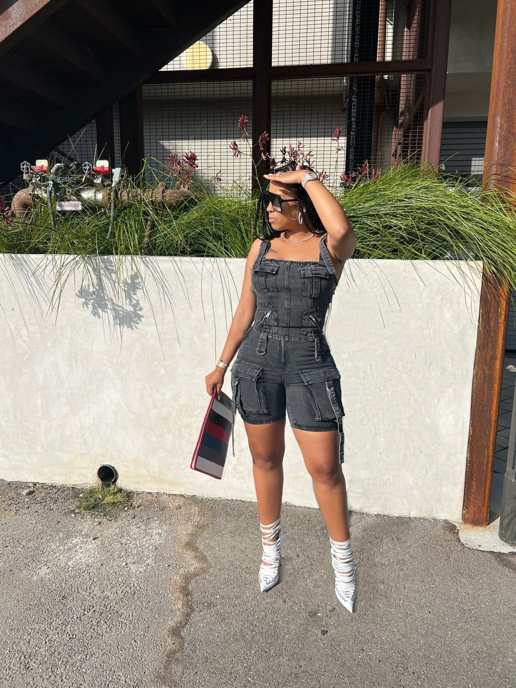 Strapped Black Denim Cargo Short Set