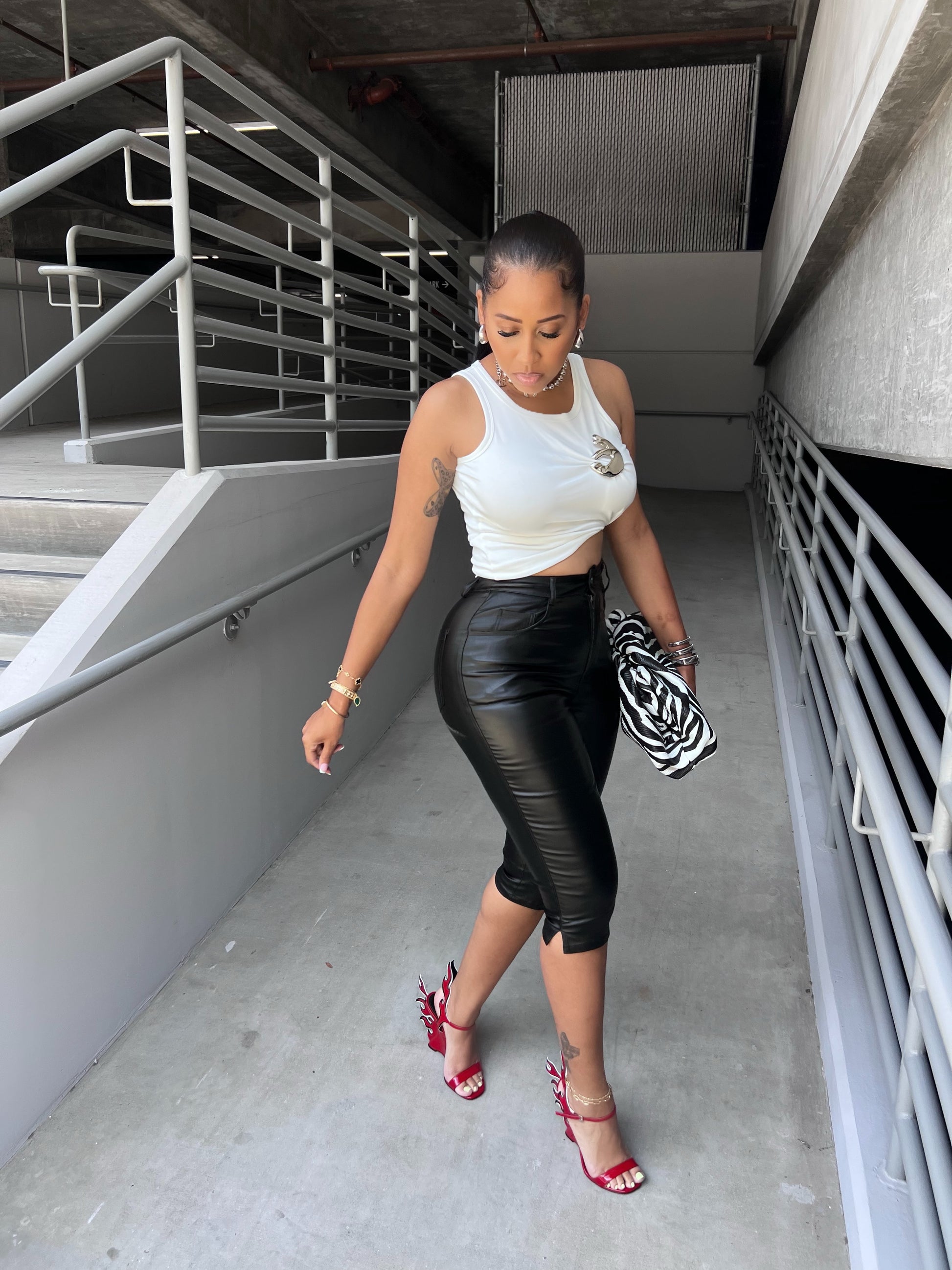 Painted On Faux Leather Capris