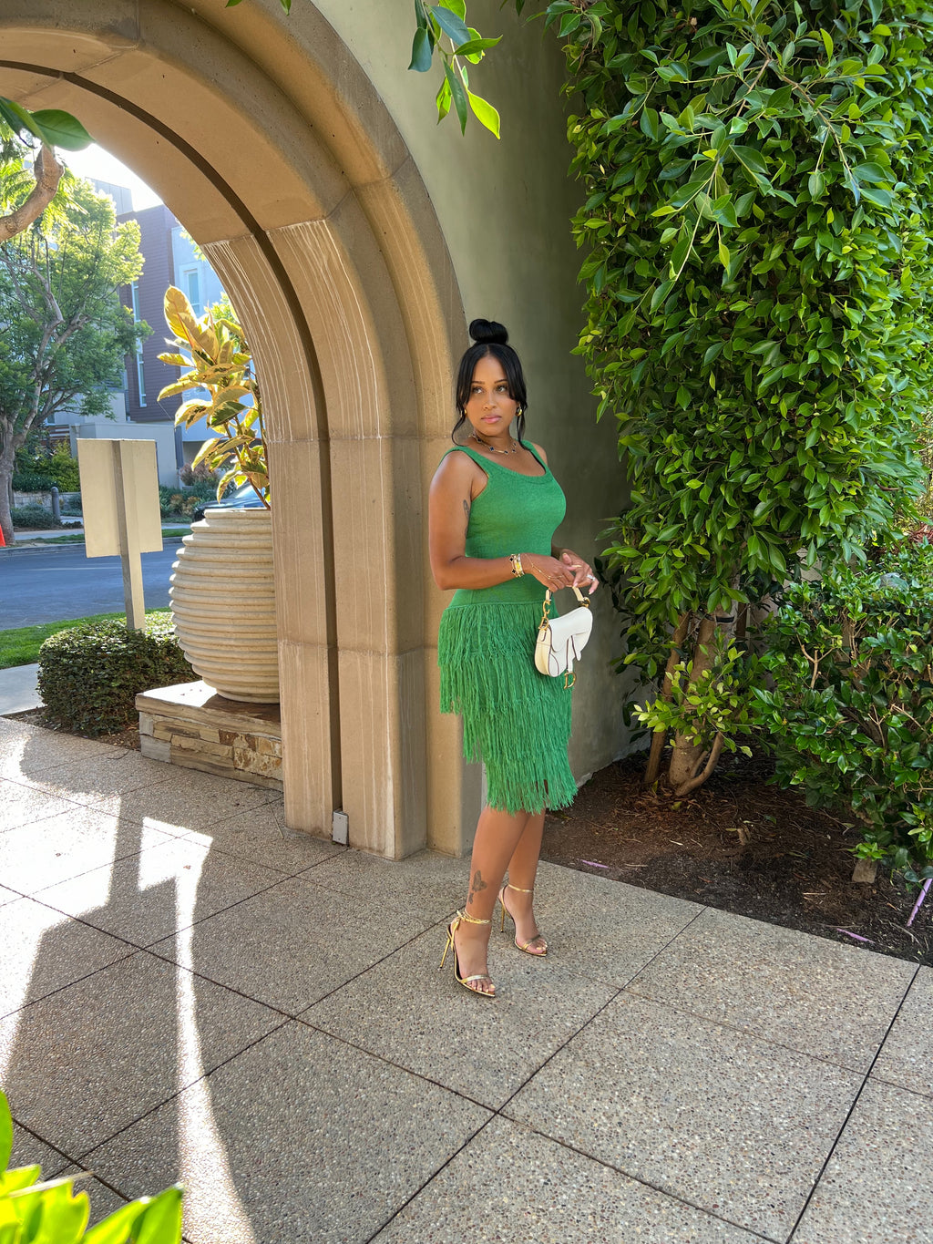 Verde Knit Fringe Midi Dress